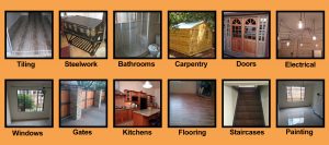 tiling bathrooms woodwork steel work electrical kitchens gates painting doors flooring windows carpentry